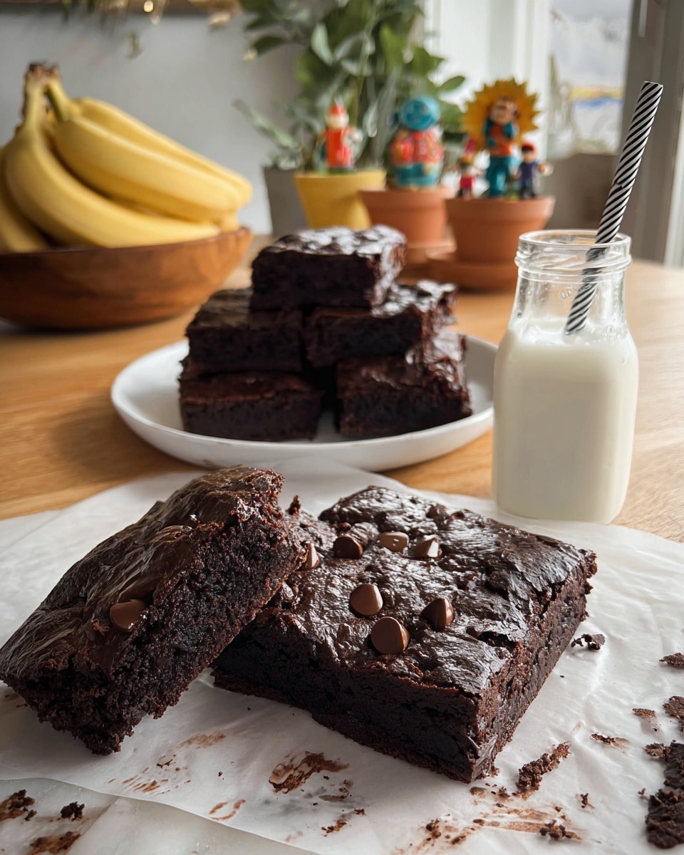 The image shows a stack of rich, dark chocolate brownies on a white plate, with one large brownie piece in the front lying on a white marbled surface covered by baking paper. The brownies are thick with a slightly shiny, cracked top layer dotted with melted chocolate chips, revealing a dense, moist inside. Behind the plate, there is a glass bottle of milk filled halfway, with a black and white striped straw sticking out. In the background, there is a light wooden surface and a white bowl filled with bananas and other fruits, along with a green leafy plant in a white pot. Photo taken with an iphone --ar 4:5 --v 7