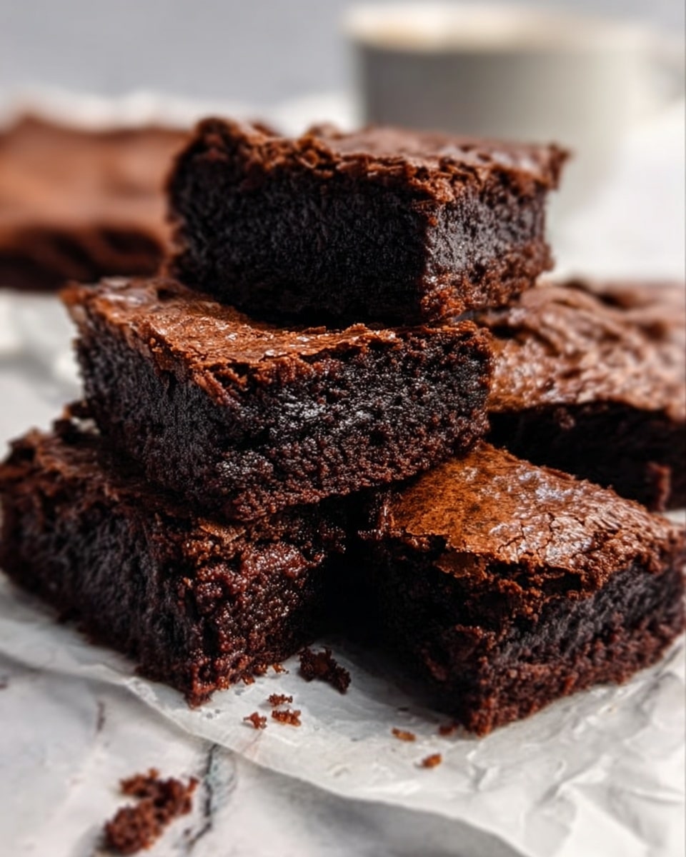 A white plate holds a stack of rich, dark brown brownies, each square with a shiny, cracked top layer and a moist, dense texture visible inside. The brownies are roughly cut into uneven pieces, some stacked on top of others to show their thickness and fudgy center. The plate sits on a white marbled surface, with soft lighting highlighting the glossy chocolate surface and crumbly edges. In the background, a woman's hand gently holds one brownie piece, ready to lift it. photo taken with an iphone --ar 4:5 --v 7
