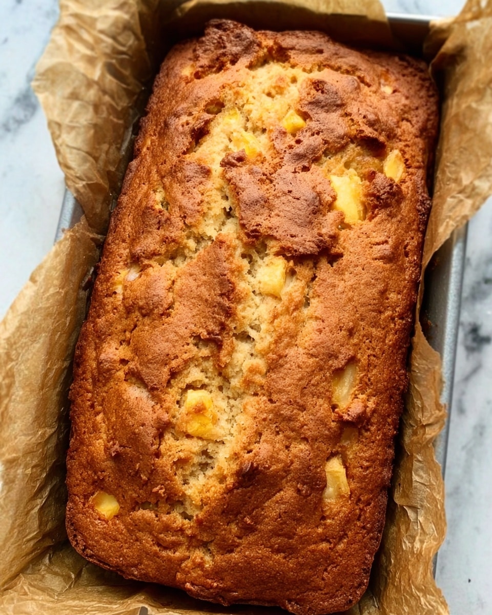 The image shows a loaf of golden-brown bread with a slightly cracked and uneven top texture, indicating a soft inside and a crispy crust. The bread is placed inside a baking pan lined with brown parchment paper. The crust has a warm, light brown color with visible spots of lighter yellow where the dough has risen and baked unevenly. The pan rests on a white marbled surface. Photo taken with an iphone --ar 4:5 --v 7