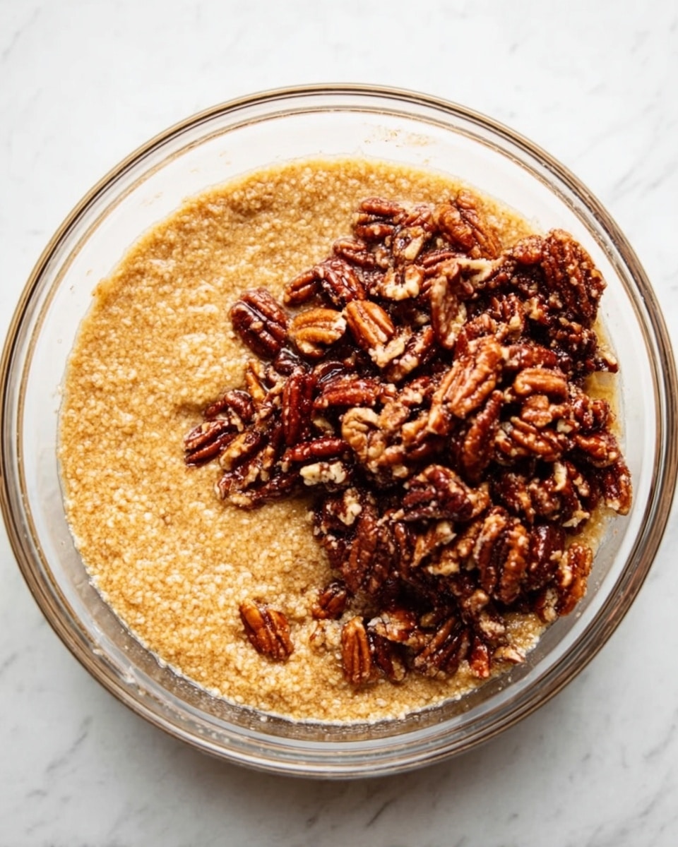 The image shows a clear glass bowl on a white marbled surface, filled with a light brown, smooth mixture covering about two-thirds of the bowl. On one side of the bowl, there are dark brown, whole pecan nuts clustered together, creating a clear color and texture contrast with the smooth light brown mixture. The bowl is round and shallow, and the lighting highlights the shiny textures of the pecans and the creamy surface of the light brown mixture. Photo taken with an iphone --ar 4:5 --v 7