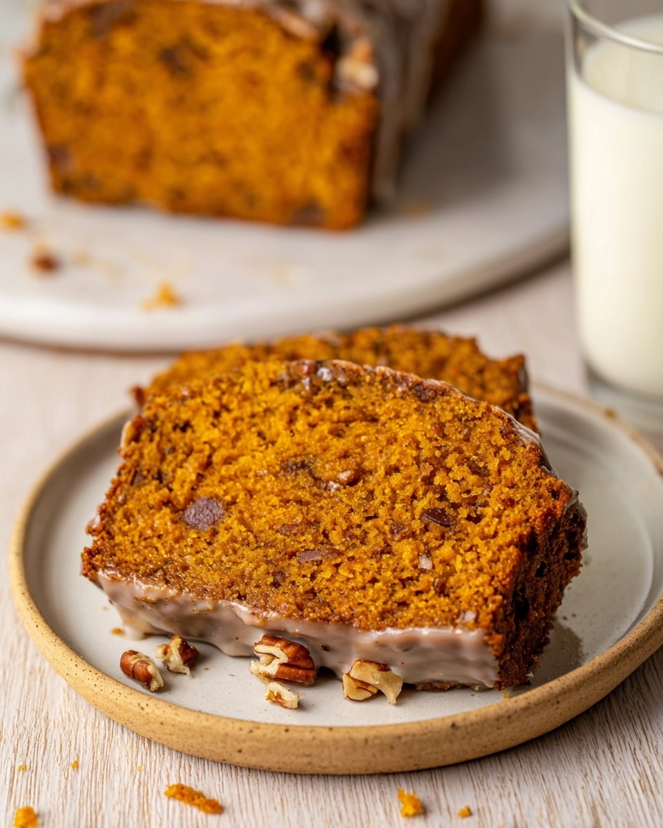 A single slice of moist, dense pumpkin bread sits on a plain white plate, showing an orange-brown color with small chunks of pecans spread evenly inside and on the sides. A thin layer of light glaze coats the edges of the slice, giving a slightly shiny look with some glaze dripping down and bits of nut clinging to it. Crumbs are scattered on the plate around the slice, and the plate rests on a white marbled surface. In the background, more slices of the pumpkin bread and a glass of milk are softly blurred. Photo taken with an iphone --ar 4:5 --v 7