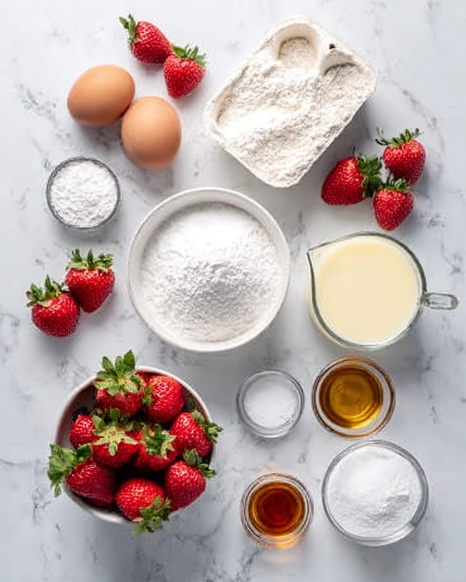 The image shows a white marbled surface with several baking ingredients neatly arranged. There are two brown eggs in a white egg carton on the upper left, a small bowl of clear liquid (likely vanilla extract) next to a tiny bowl of salt. Nearby, a bigger glass bowl is filled with white flour, and right beside it is a small jar of light yellow oil. In the center bottom, a white bowl full of bright red strawberries stands out with green leaves on top. Also visible are a silver measuring cup filled with white sugar, a small bowl of white cream, and a glass of milk towards the bottom right. The image is clear and bright, showing texture details of each ingredient against the clean white marbled background, photo taken with an iphone --ar 4:5 --v 7