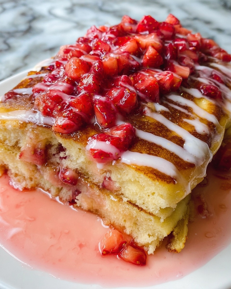 A slice of light yellow cake with a soft and moist texture is placed on a white plate with a white marbled surface. The cake has small bits of red strawberries inside it. On top, there is a thick layer of golden brown glaze with a smooth finish, drizzled with white icing in thin stripes. Generous chunks of vibrant red strawberries with a glossy look are scattered on the glaze. Around the cake, there is a puddle of pink strawberry sauce that blends into the white plate. The photo is taken with an iphone --ar 4:5 --v 7