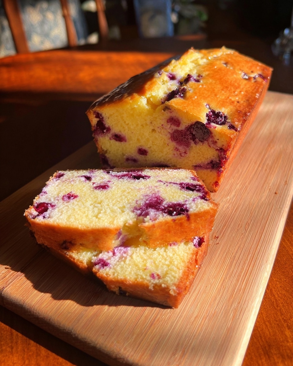 A loaf of golden-brown cake with a moist texture is placed on a wooden board, sliced to show the inside. The cake is filled with dark purple berries scattered evenly through two visible slices and the main loaf. The top has a slightly shiny, lightly browned crust with a few berries peeking out. The color contrast between the light yellow cake and dark purple berries inside is clear. The background is a white marbled surface. photo taken with an iphone --ar 4:5 --v 7