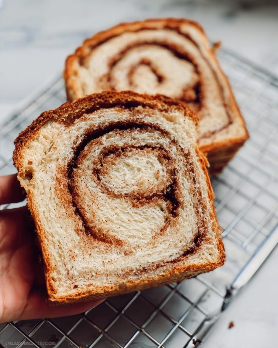 The image shows two slices of cinnamon swirl bread placed on a shiny metal cooling rack. Each slice has a clear spiral pattern of cinnamon filling that runs through all the golden brown bread layers. The outer crust is darker and textured, while the inner bread looks soft and light brown with cinnamon lines. The surface beneath is a white marbled texture. photo taken with an iphone --ar 4:5 --v 7