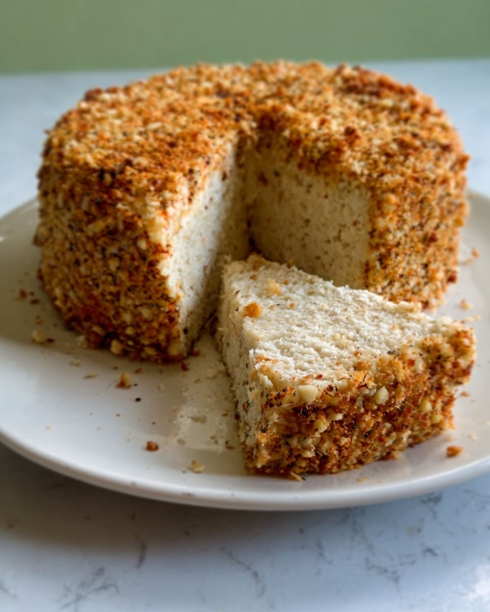 A white round cake with a crunchy nut and seed crust on the outside sits on a white plate. One large slice is cut and placed standing on top of the whole cake, showing a thick, soft white inside with a slightly crumbly texture. The crust is golden brown with small seeds and nuts visible all around it. The white plate rests on a white marbled surface. Photo taken with an iphone --ar 4:5 --v 7