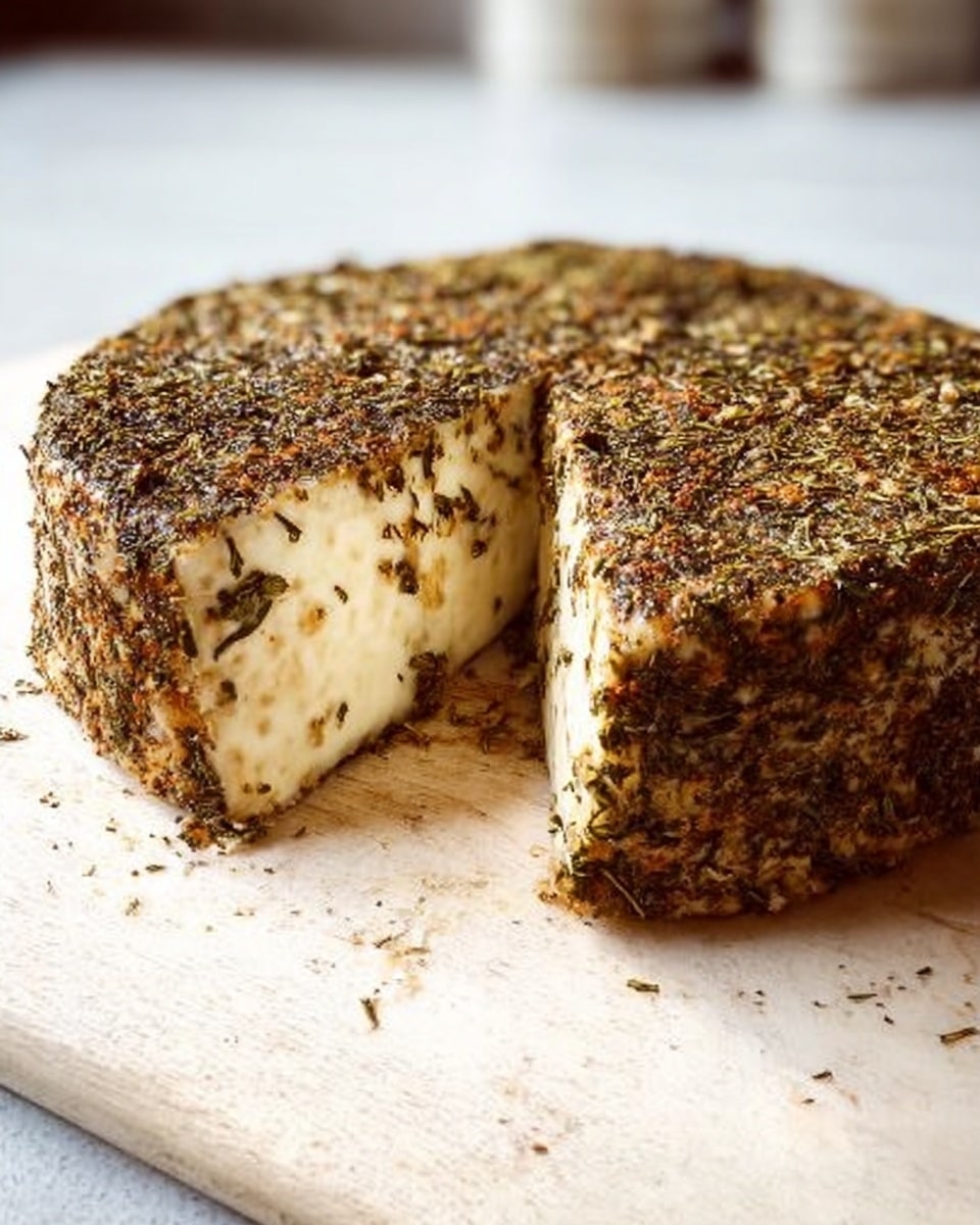 A round cheese wheel covered fully with dried herbs and spices, showing a thick outer layer of mixed green and brown herbs. One wedge is cut from the cheese, revealing a dense, pale yellow inside with small bits of herbs spread evenly throughout. The cheese rests on a light wooden board with some loose herbs around it, all placed on a white marbled surface in soft natural light photo taken with an iphone --ar 4:5 --v 7