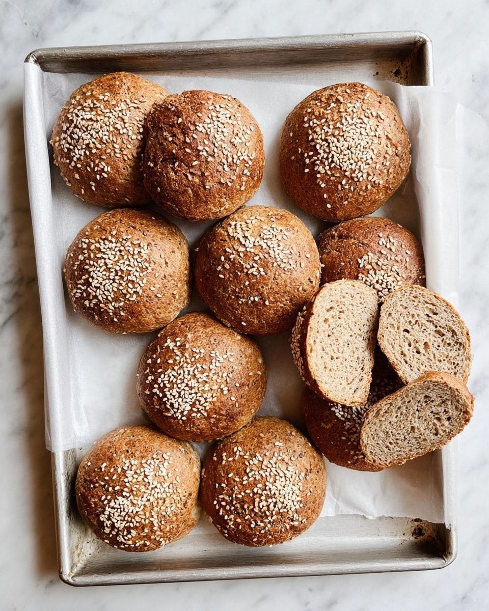 There is a metal baking tray lined with white parchment paper on a white marbled surface. The tray holds twelve round whole grain bread rolls topped with white sesame seeds. The rolls have a coarse, textured crust in a medium brown color. Three of the rolls in the middle are sliced open to show a soft, dense inside with a light brown, slightly speckled crumb. The rest of the rolls are whole and arranged loosely around the center. Photo taken with an iphone --ar 4:5 --v 7