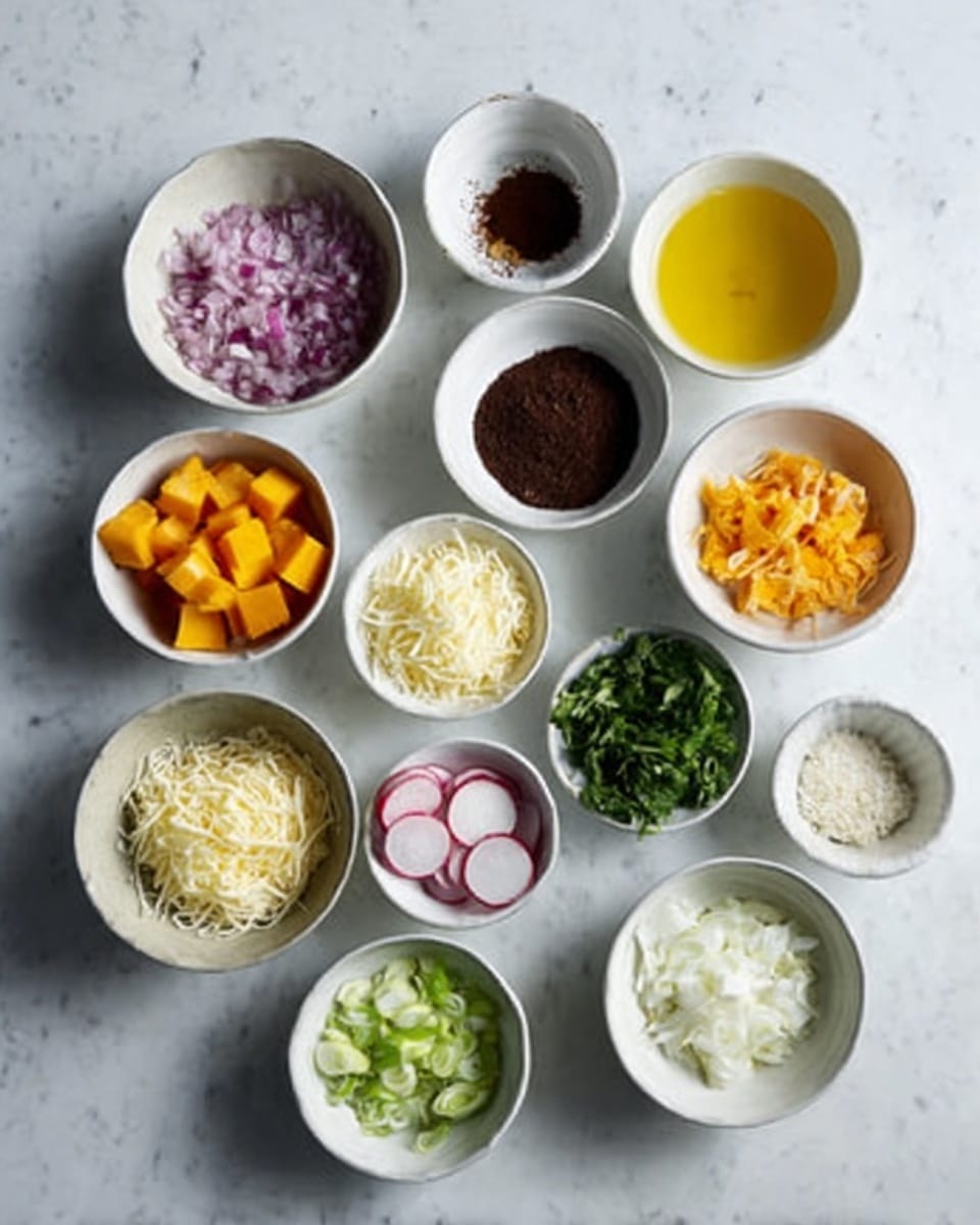 The image shows a white marbled surface with eleven small white bowls arranged in a loose grid. The bowls contain different ingredients: diced red onions, a dark red powder, yellow liquid, bright orange cubed pieces, white granular salt, sliced radishes, shredded white cheese, shredded yellow cheese, chopped green herbs, small green slices, and a creamy white mixture. Each bowl clearly shows the texture and color of its ingredient, with the colors varying from bright orange and green to deep red and white. Photo taken with an iphone --ar 4:5 --v 7