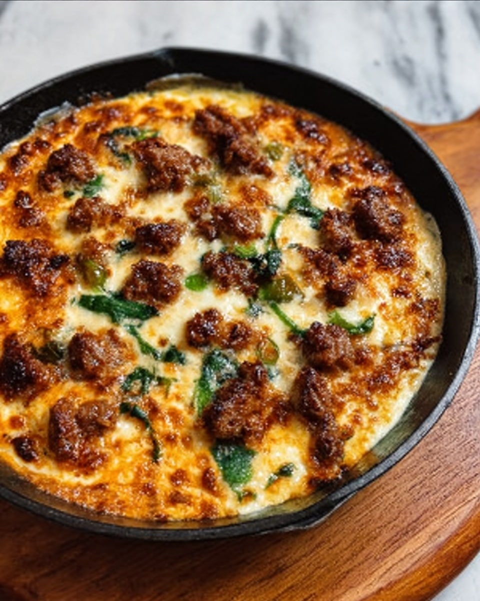 A close-up view of a black cast iron skillet filled with a baked dish showing melted, golden and slightly browned cheese covering a creamy sauce. On top, small crumbled pieces of brown cooked meat are spread evenly, along with green vegetable pieces peeking through the cheese. The skillet rests on a light wooden board which sits on a white marbled surface. The melted cheese has a smooth and slightly stretchy texture, with some golden spots of browning. photo taken with an iphone --ar 4:5 --v 7