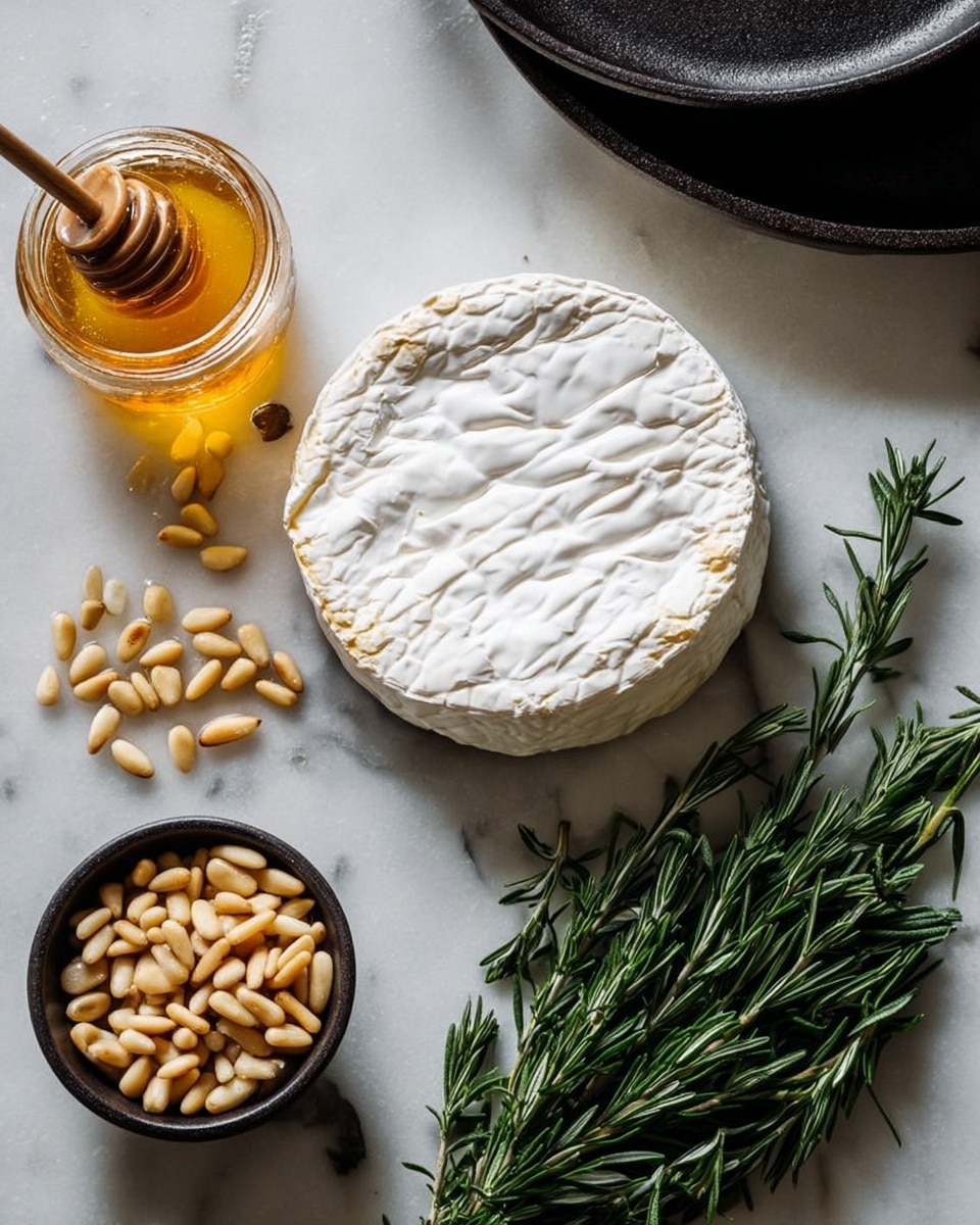 The image shows a round white cheese wheel with a smooth white rind placed on a white marbled surface. To its left, there is a small glass bowl filled with golden honey with a honey dipper inside it, dripping honey. Below that, there is a small bowl filled with light yellow pine nuts, some spilled around it. On the right side of the cheese wheel, there is a fresh green rosemary bunch with thin needle-like leaves. The top part of a cast iron pan is slightly visible at the top edge of the image. Photo taken with an iphone --ar 4:5 --v 7