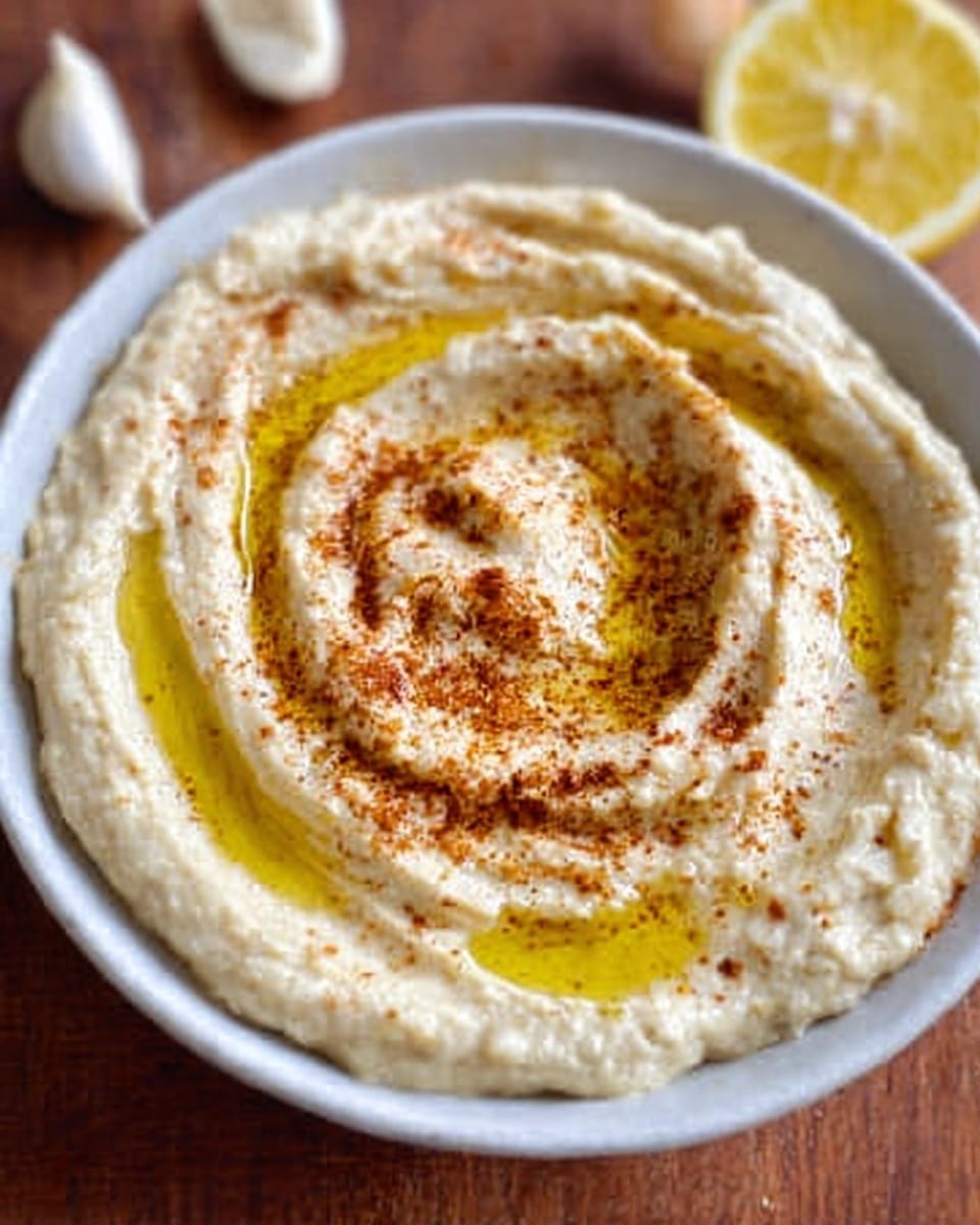The image shows a white bowl filled with creamy hummus that has a smooth, slightly swirled texture. The hummus is spread evenly in the bowl with a drizzle of golden olive oil on top, pooling softly in the swirls. There are small specks of brownish spices sprinkled over the surface, adding texture and color contrast. The bowl is placed on a white marbled surface, with garlic cloves and a lemon slice blurred in the background. The lighting is warm, giving the hummus a fresh and inviting look. photo taken with an iphone --ar 4:5 --v 7