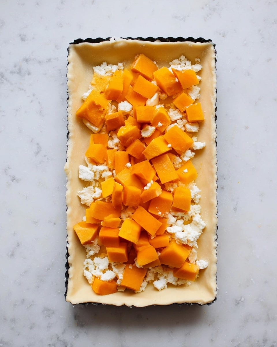 A rectangular tart pan with a layer of pale dough pressed into it, the dough edges slightly folded up along the pan sides. Scattered over the dough are small, bright orange cubes of squash and soft, crumbly white cheese clumps spread evenly across the surface. The tart pan sits on a white marbled surface. photo taken with an iphone --ar 4:5 --v 7
