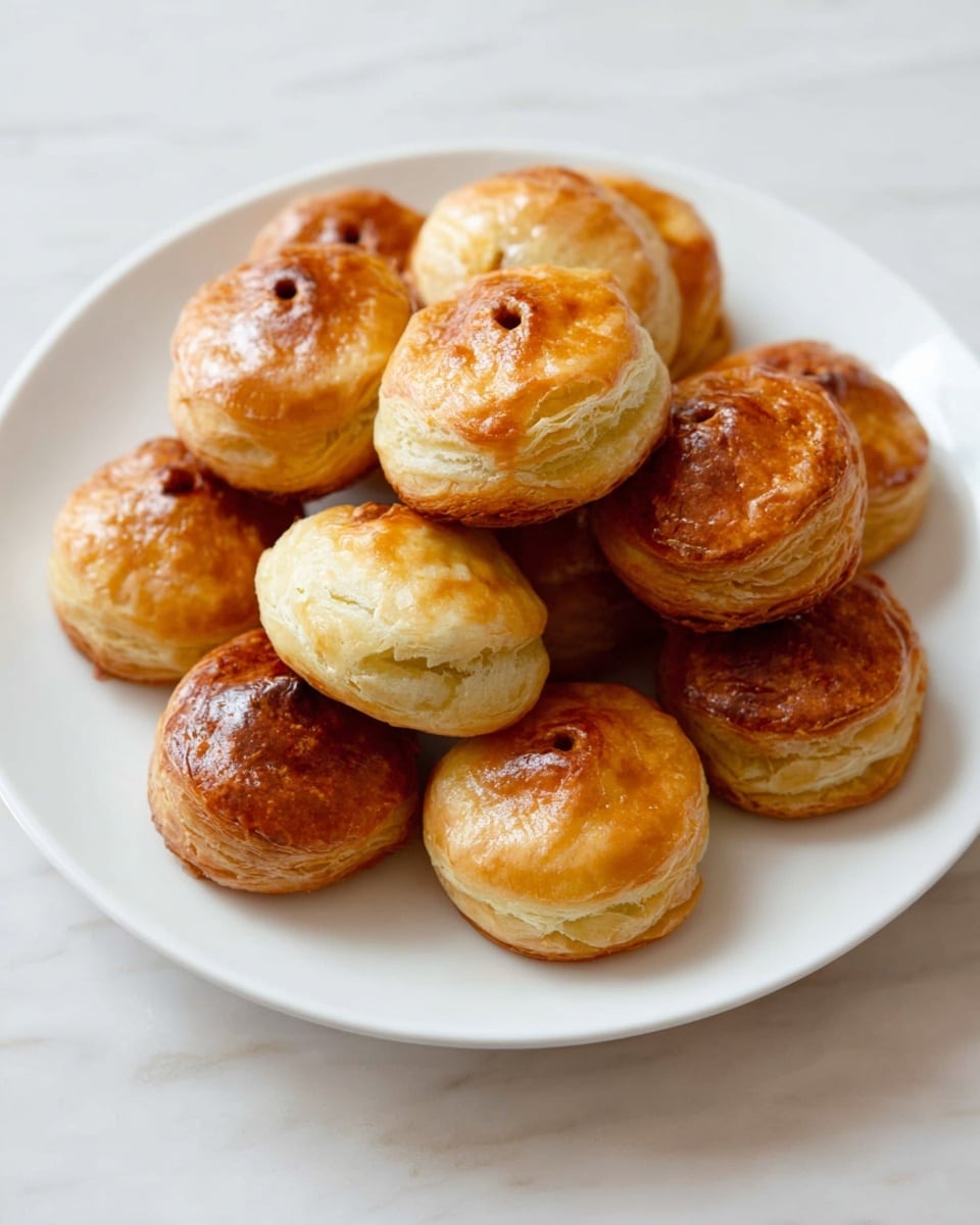A white oval plate holds a pile of small round pastries, each with two layers showing flaky, golden-brown textured tops with slight cracks and some light browning spots, separated by a thin filling layer. The pastries appear crisp and shiny on top with soft, layered sides that reveal a pale yellow inner dough. The plate is placed on a white marbled surface, creating a clean and simple background. Photo taken with an iphone --ar 4:5 --v 7