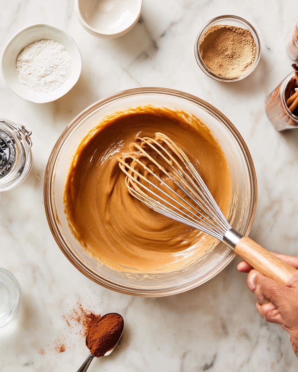 A clear glass bowl sits in the center on a white marbled surface, filled with a smooth, thick light brown mixture being whisked by a woman's hand holding a gold and silver whisk. Around the bowl, there is a small white bowl filled with white granulated sugar at the top, a small glass jar with loose brown powder near the left top, a small rounded container with more brown powder and a black lid labeled partially, a silver scoop with brown powder spilled partly, a clear small glass with water near the right top, and a small golden spoon near the right edge. The scene is bright, clean, and organized. photo taken with an iphone --ar 4:5 --v 7