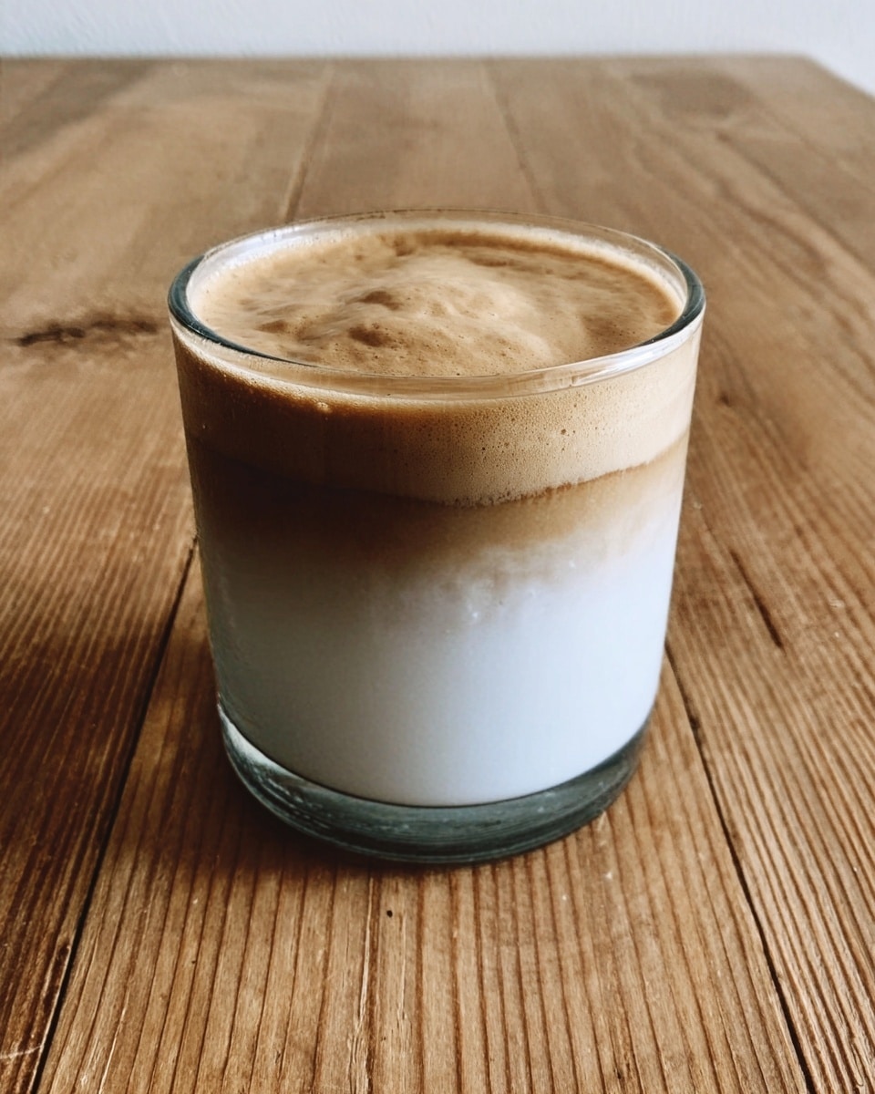 The image shows a glass cup on a wooden surface with a white marbled background. Inside the glass, there are two clear layers: the bottom layer is white milk with ice cubes visible, and the top layer is light brown whipped coffee foam, thick and creamy, sitting neatly above the milk. The glass is clear, showing the smooth separation between the milk and coffee layers. photo taken with an iphone --ar 4:5 --v 7