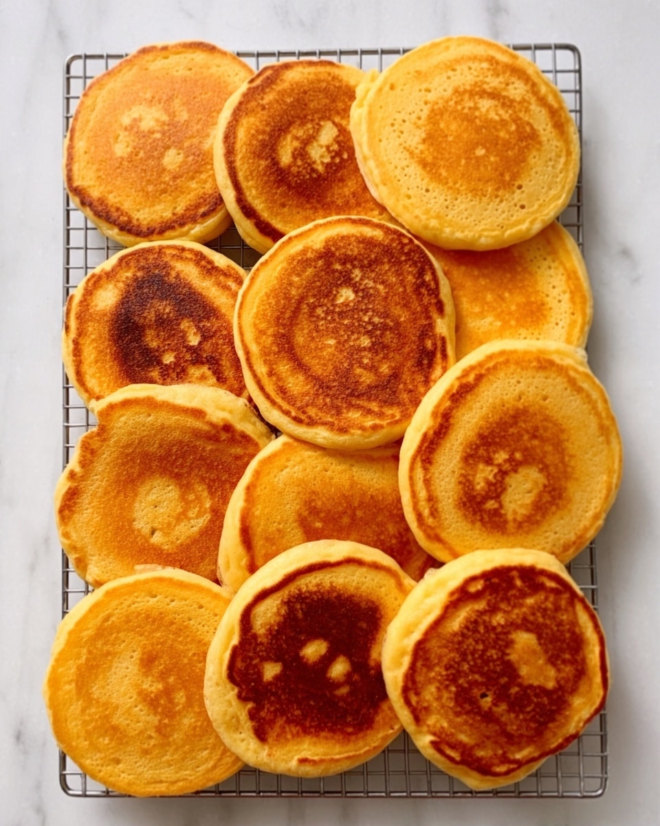 The image shows a cooling rack filled with ten golden brown pancakes arranged neatly in two vertical columns on a white marbled surface. Each pancake has a slightly different shade of golden to light brown on the top with a few darker spots, indicating they are cooked evenly but not burnt. The pancakes are round, fluffy, and slightly thick, with smooth edges and a soft texture visible. There are no toppings or utensils in the frame, just the stack of pancakes on the rack. Photo taken with an iphone --ar 4:5 --v 7