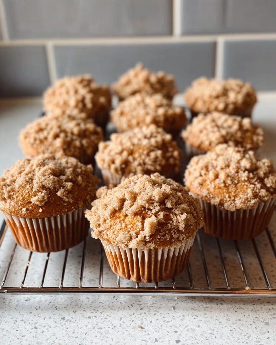 The image shows twelve golden-brown muffins on a cooling rack placed over a white marbled surface, with each muffin topped with a crumbly, light beige streusel layer that looks soft and slightly crisp. The muffins have an even texture and rise, each wrapped in a crinkled white paper liner. The background features a tiled wall in light, neutral colors, softly lit, which highlights the warm tones of the muffins. photo taken with an iphone --ar 4:5 --v 7