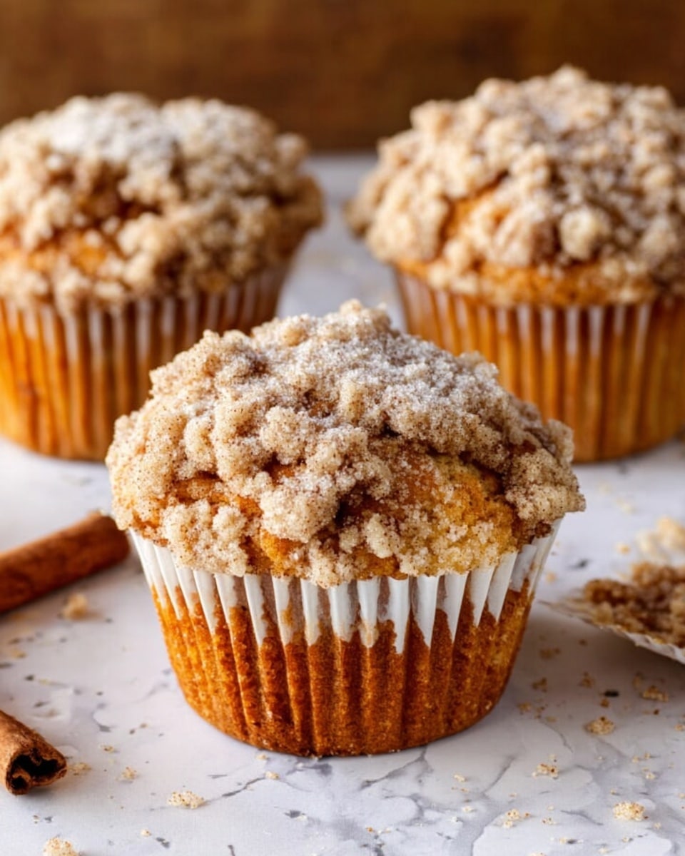 A close-up of a single muffin with a crumb topping dusted with powdered sugar, the muffin has a golden brown color with a textured crumb layer on top that looks soft and slightly rough. The muffin liner is white and partially peeled down, revealing the moist inner cake, sitting on a dark wooden surface with two other muffins blurred in the background. Small crumbs and a cinnamon stick are scattered around, enhancing the cozy, baked look, with a white marbled texture as the surface behind. Photo taken with an iphone --ar 4:5 --v 7