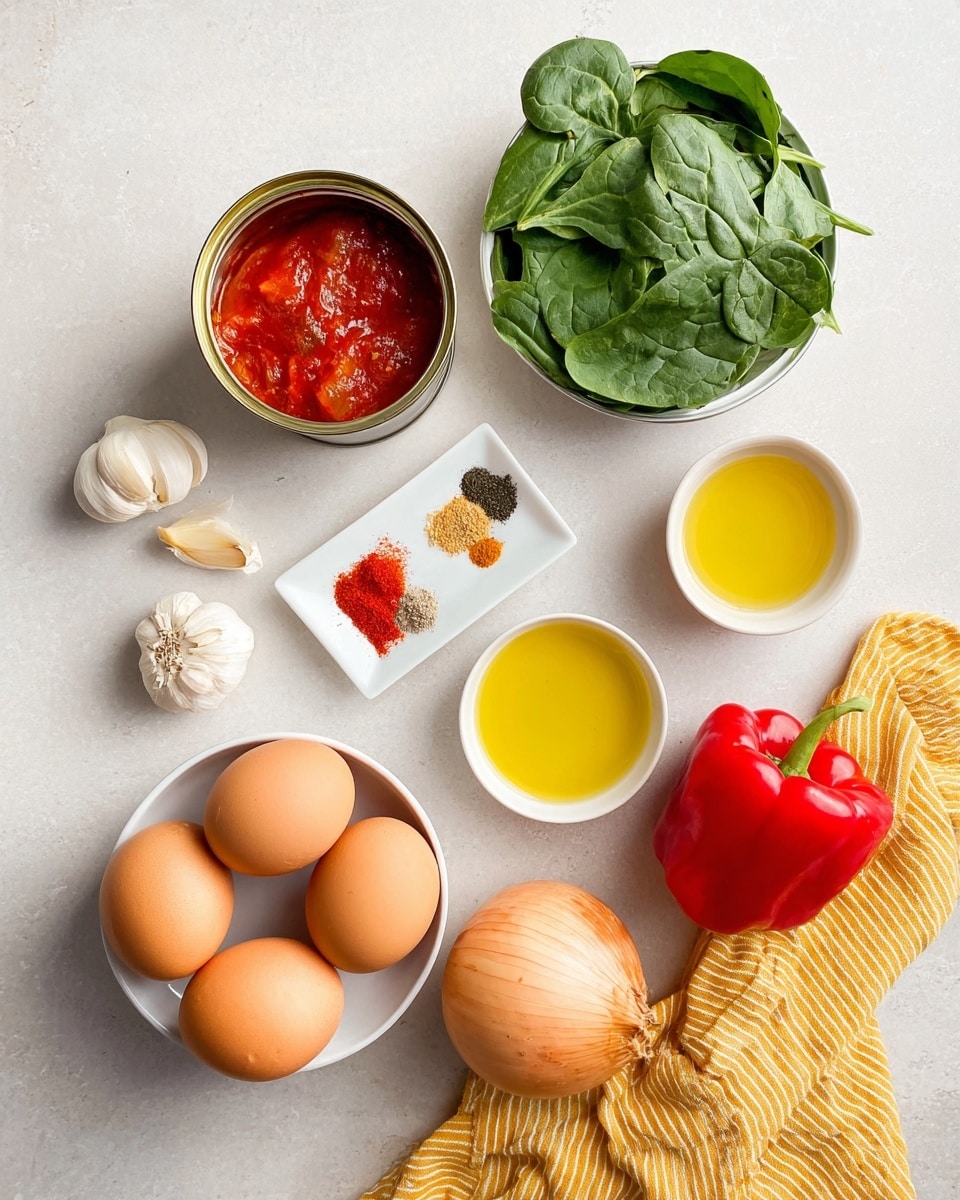 Top view of cooking ingredients set on a white marbled surface. In the middle left, six brown eggs sit in a gray bowl. Above it, an open can of whole peeled tomatoes shows three large red tomatoes in bright red sauce. Next to the can, three garlic cloves lie loose. Toward the top center, a white bowl is filled with fresh green spinach leaves. Below it, a small white bowl holds a range of spices: red chili powder, black pepper, white salt, and a mix of brown and orange spices in separate sections. To the right, another white bowl contains a pale yellow liquid, likely oil. A whole yellow onion and a bright red bell pepper rest near the bottom right. A yellow and white striped cloth is draped on the bottom right corner. Photo taken with an iphone --ar 4:5 --v 7