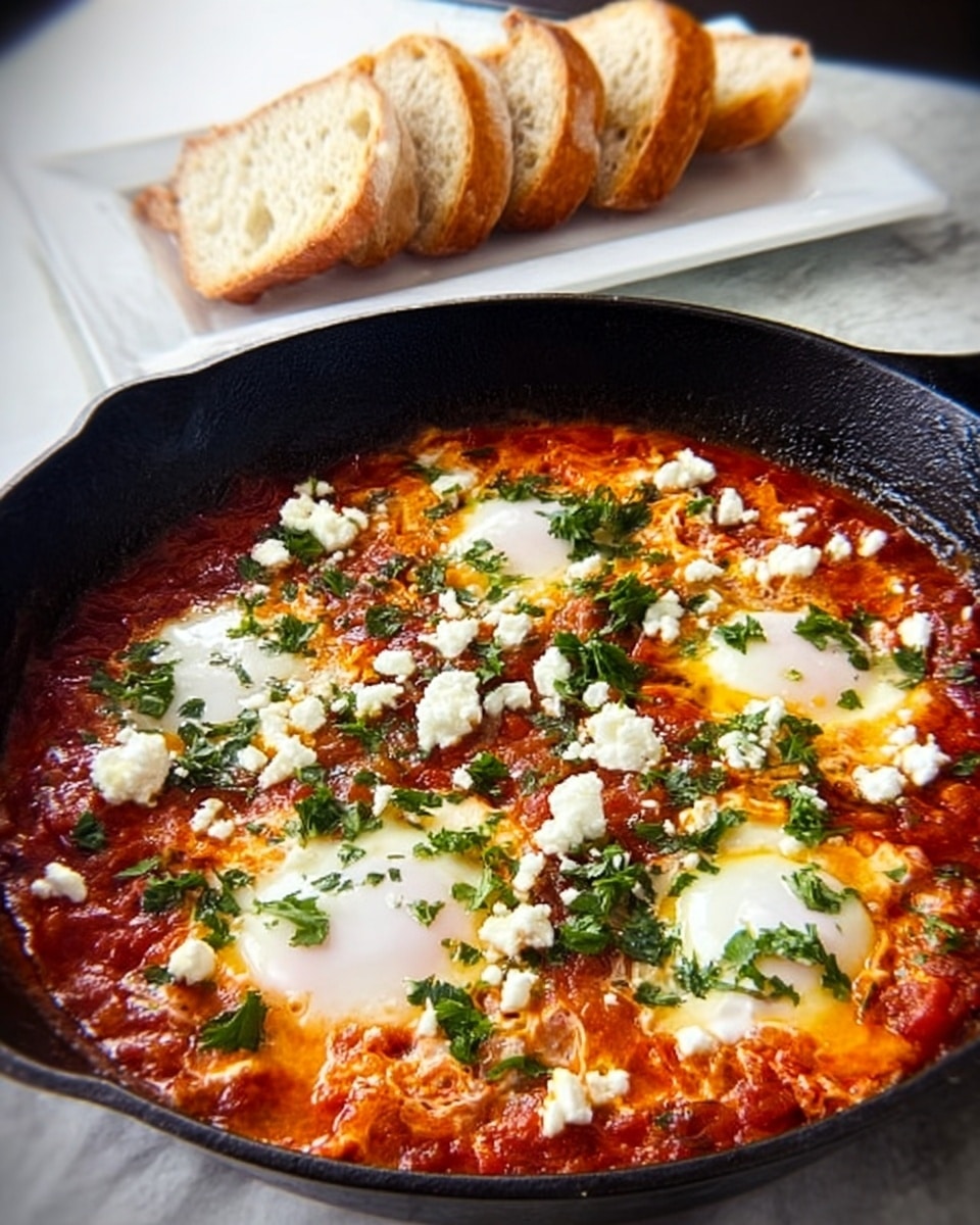 A black cast iron skillet filled with a tomato-based dish showing four white cooked eggs evenly spaced within a vibrant red sauce, topped with scattered crumbled white cheese and chopped green herbs. Behind the skillet is a long white plate holding five pieces of sliced bread, arranged in a row. The setting is on a white marbled surface. Photo taken with an iphone --ar 4:5 --v 7