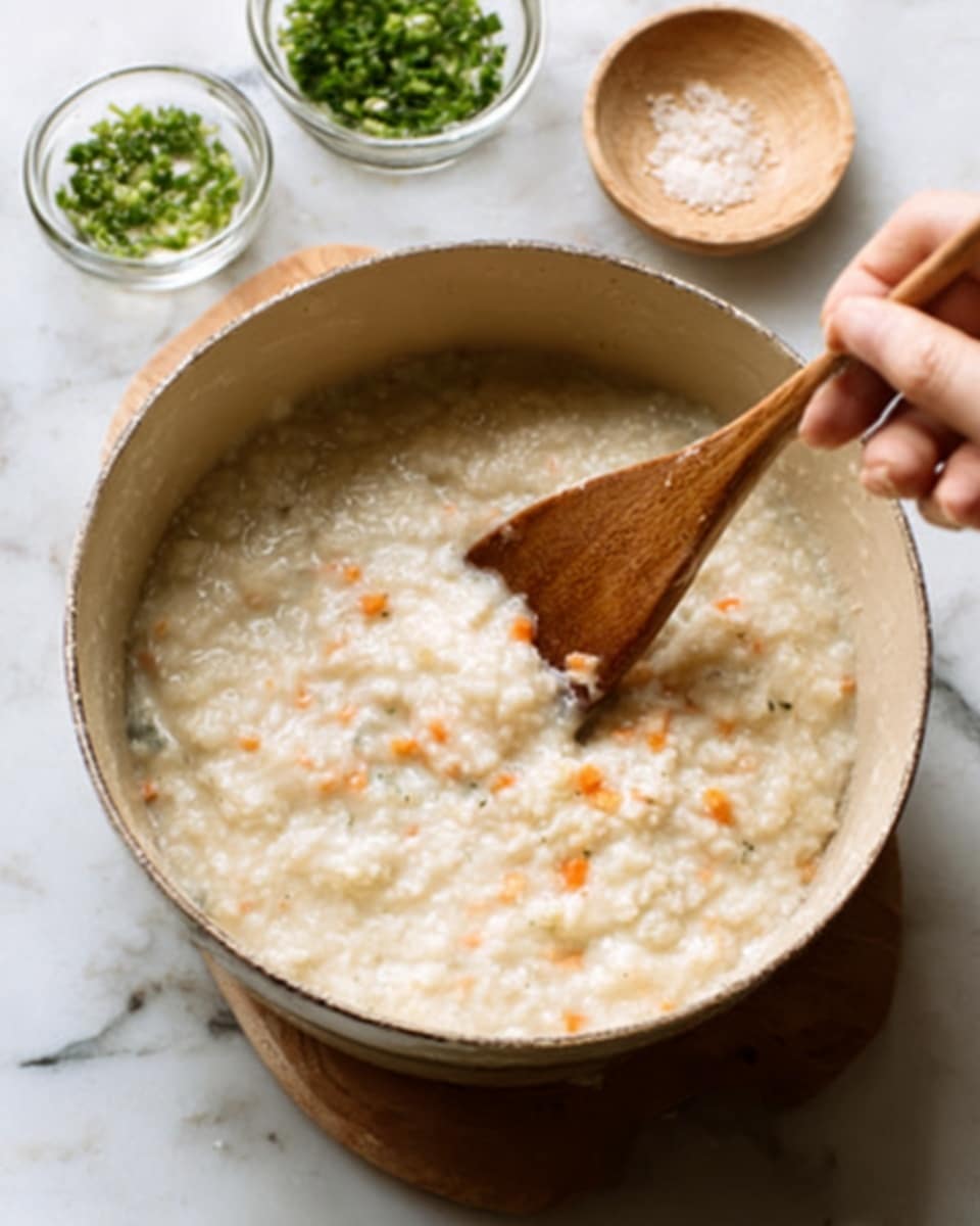 The image shows a close-up of a cooking pot filled with a thick white porridge with small soft orange carrot pieces and some grains visible. A wooden spoon held by a woman's hand is stirring the porridge, lifting it slightly above the pot, showing its creamy texture. The pot is on a white marbled surface with two small clear bowls partially visible nearby, one with coarse white salt and the other with black pepper. The whole scene is softly lit, focusing on the creamy porridge and the wooden spoon. photo taken with an iphone --ar 4:5 --v 7