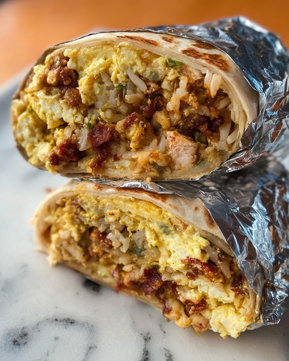 The image shows a close-up of a burrito cut in half, wrapped partly in silver foil, resting on a white marbled surface. Each half shows multiple layers inside the burrito: the outermost layer is a light brown tortilla with some browned spots, wrapped tightly around a filling. The filling includes a large layer of scrambled eggs with a soft, pale yellow texture mixed with small brown bits, followed by a layer of cooked rice that looks slightly sticky and white. There are small pieces of reddish-brown meat scattered throughout the layers, as well as some green herbs or vegetables mixed in, adding contrast. The burrito looks warm and hearty, with a rustic, homemade feel. Photo taken with an iphone --ar 4:5 --v 7