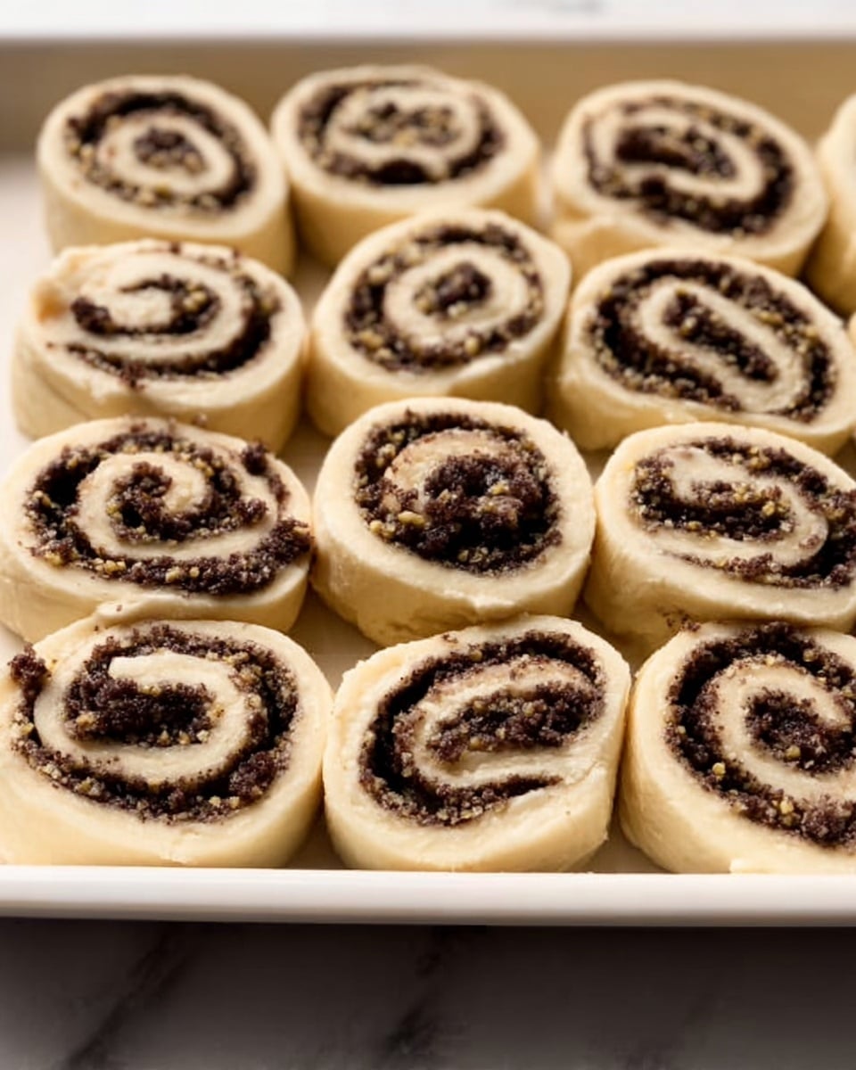 The image shows a tray filled with rows of small, spiral-shaped rolls of dough filled with a dark mixture. Each roll has two visible layers: the outer light beige dough that is soft and smooth, and the inner dark brown filling that is crumbly and textured. The rolls are placed closely next to each other in neat rows on a white tray, all resting on a white marbled surface. The scene is bright and clear, highlighting the contrast between the light dough and the rich, darker filling. Photo taken with an iphone --ar 4:5 --v 7
