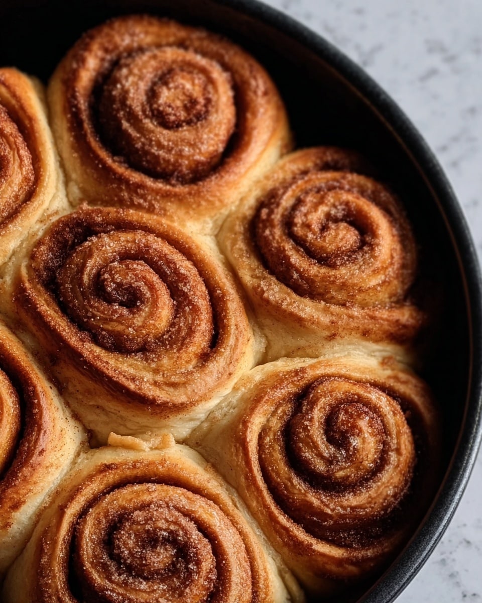 A close-up view of seven cinnamon rolls placed closely together in a black pan. Each roll has multiple spiral layers with a golden-brown color, and the texture looks soft and slightly shiny from a sticky glaze. The rolls have a light dusting of sugar or cinnamon on top, giving a warm, inviting look. The background surface is a white marbled texture. photo taken with an iphone --ar 4:5 --v 7