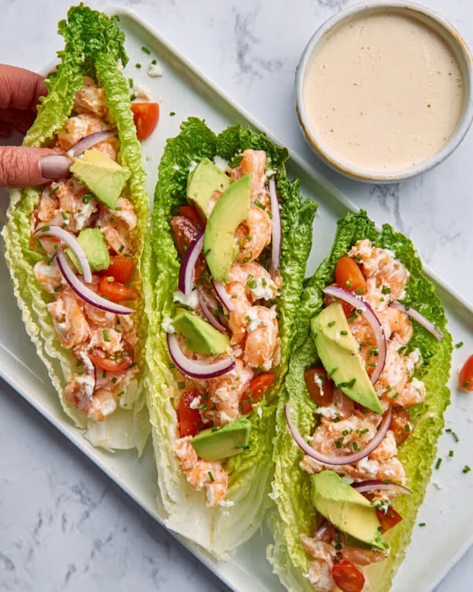 The image shows three long, crisp romaine lettuce leaves placed side by side on a white rectangular dish over a white marbled surface. Each leaf holds layers of small cooked shrimp that are light pink with a slightly shiny texture, topped with slices of avocado that are pale green and smooth. Thin rings of red onion with a slightly translucent look are scattered on top, along with small diced tomatoes that are bright red. Nearby is a small white bowl filled with a creamy light beige sauce. A woman's hand lightly holds one end of the lettuce on the left side of the frame. Photo taken with an iphone --ar 4:5 --v 7