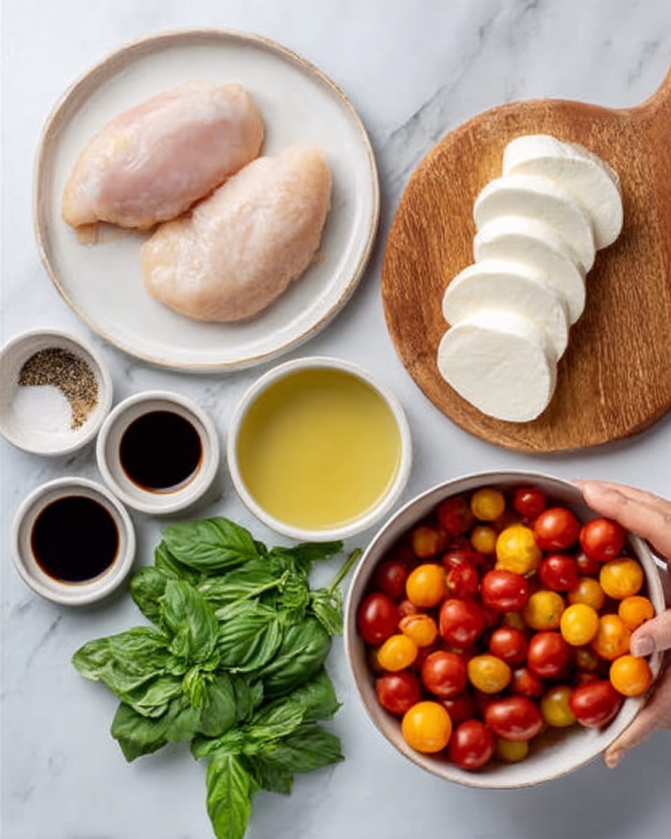 The image shows several ingredients arranged neatly on a white marbled surface. On the top left, there are two pieces of raw chicken on a white plate. Next to it on the right, there is a wooden board holding six slices of fresh mozzarella cheese, all white and smooth. Below the cheese are fresh green basil leaves forming a small pile. At the bottom right, a white bowl is filled with a mix of small red, yellow, and orange cherry tomatoes. To the left, there are three small bowls, one with black liquid (balsamic vinegar), one with a mix of salt and pepper, and one with a dark brown liquid (possibly soy sauce). Another larger white bowl holds a light yellow liquid, likely olive oil. A woman's hand is reaching from the left side of the image, holding some of the ingredients. The setting is bright and clean. photo taken with an iphone --ar 4:5 --v 7