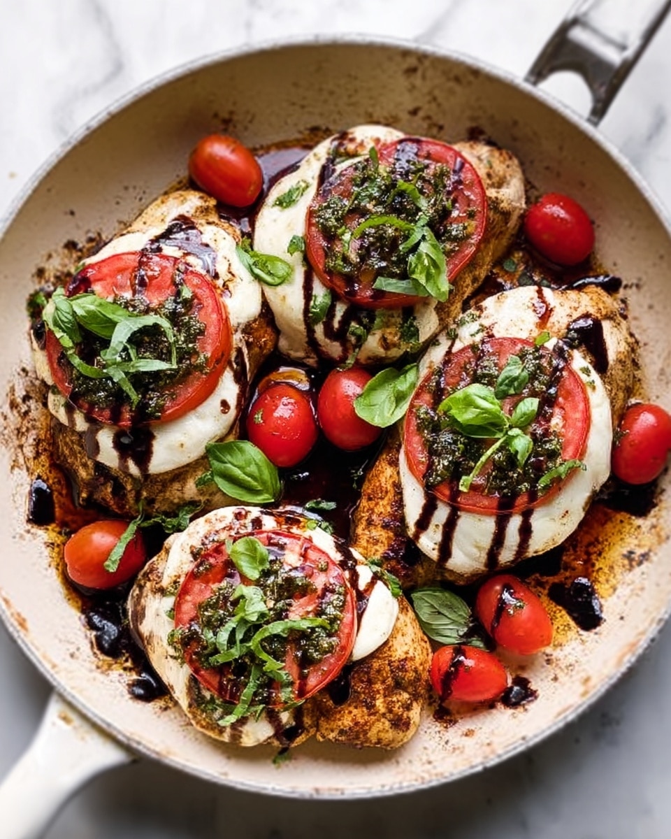 The image shows a white pan with five cooked chicken pieces topped with layers. Each chicken piece has a base layer of mozzarella cheese, followed by slices of bright red tomato, fresh dark green basil leaves, and a drizzle of dark balsamic glaze. Around the chicken are scattered small red cherry tomatoes. The pan and food sit on a white marbled surface. photo taken with an iphone --ar 4:5 --v 7