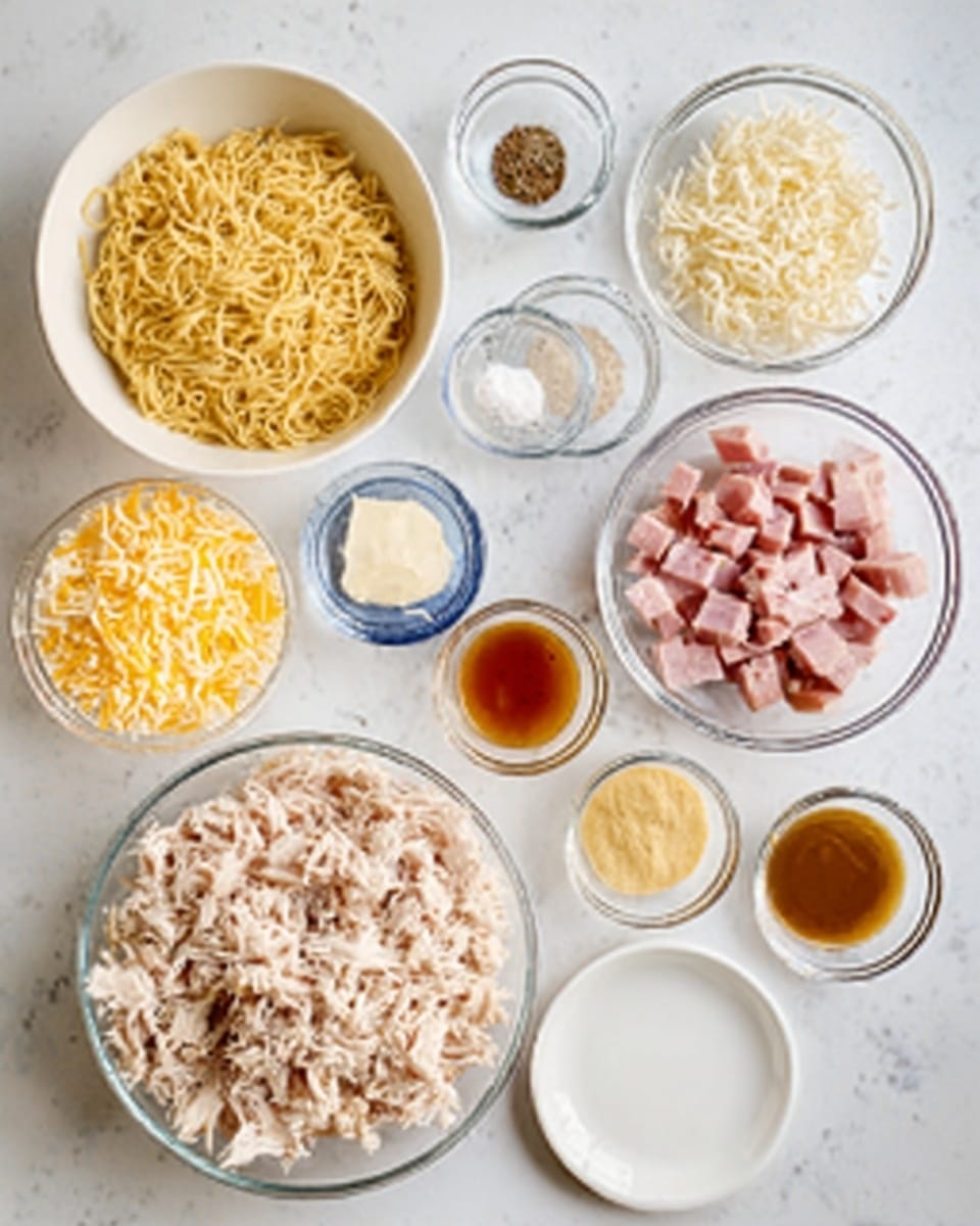 The image shows several clear and white bowls arranged on a white marbled surface. Each bowl contains a different ingredient for a recipe. Starting from the top left, there is a white bowl filled with cooked noodles, next to it are small clear bowls holding salt, pepper, and cream cheese. On the bottom left, a white bowl holds shredded cheese, while a larger white bowl nearby contains diced pieces of ham. In the center, a large clear bowl contains shredded chicken. To the right, small clear bowls hold brown sugar, honey, and mustard. Empty white plates are also visible on the marbled surface. Everything is neatly set up for cooking. Photo taken with an iphone --ar 4:5 --v 7