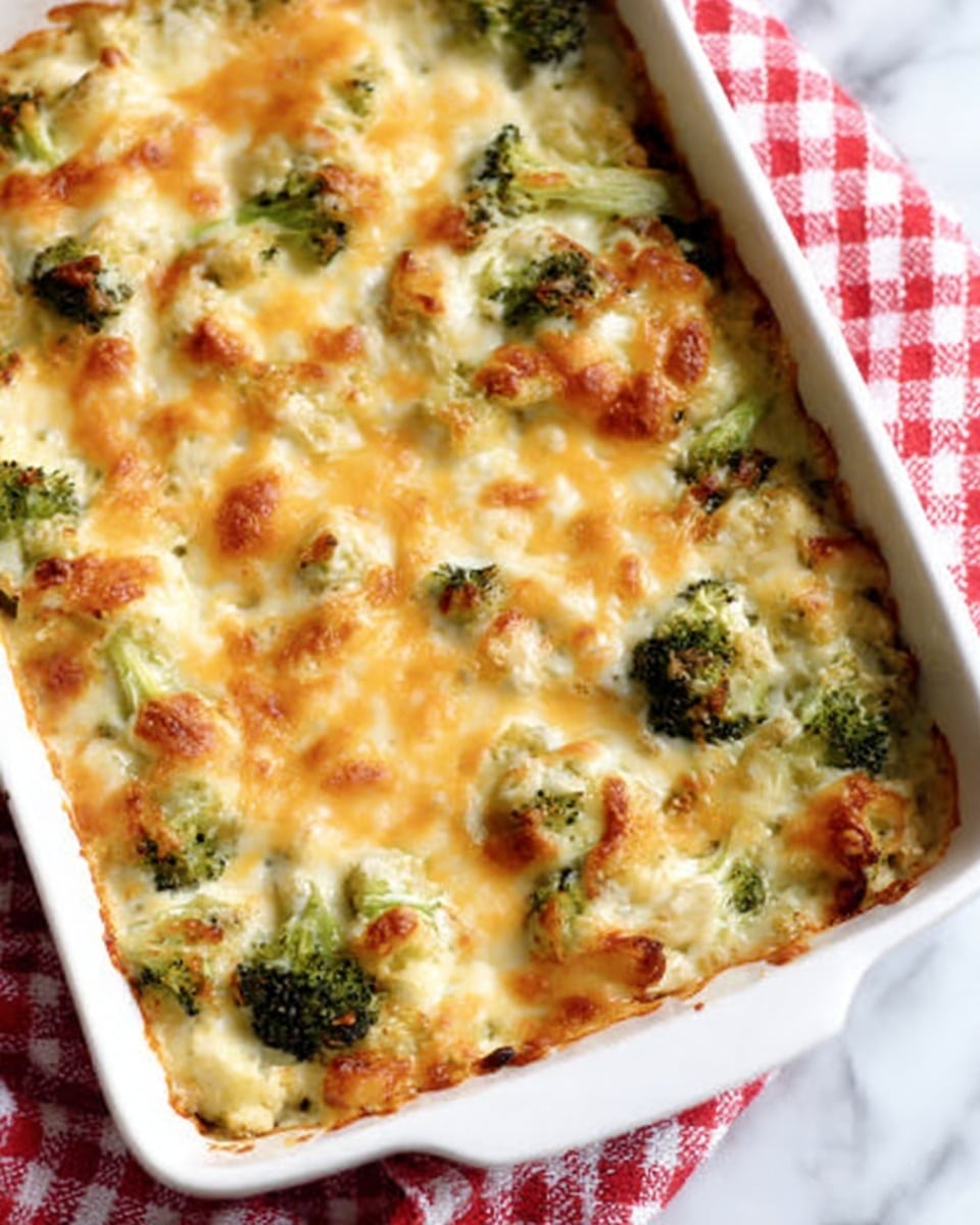 The image shows a white rectangular baking dish filled with a baked casserole. The top layer is golden brown melted cheese with some bubbly and slightly browned spots. Below the cheese, there are pieces of green broccoli mixed into a creamy sauce. The edges of the dish show some baked cheese and sauce slightly browned from the oven. The dish sits on a white marbled surface with a red and white checkered cloth partially visible on the left side. Photo taken with an iphone --ar 4:5 --v 7