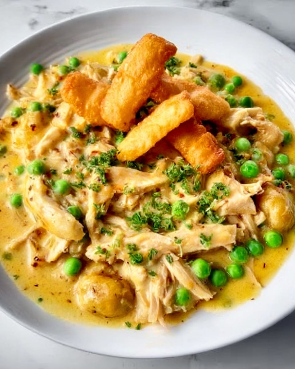 A white plate filled with a creamy yellow sauce topped with light brown cooked strips of chicken mixed with green peas scattered on top. There are two golden brown pieces of fried dough resting above the chicken and sauce. Small green herb leaves are sprinkled over the dish for garnish. The background is a white marbled surface. photo taken with an iphone --ar 4:5 --v 7