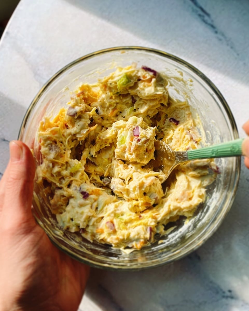 A clear glass bowl filled with a creamy, chunky mixture with visible pieces of light yellow, shredded texture combined with small bits of red onion and celery, giving a mix of soft, moist, and crunchy textures. A woman's hand holds the bowl from the side, while a metallic spoon with a green handle is dipped into the mixture, resting in the bowl. The background features a soft, white marbled surface under bright natural light. photo taken with an iphone --ar 4:5 --v 7