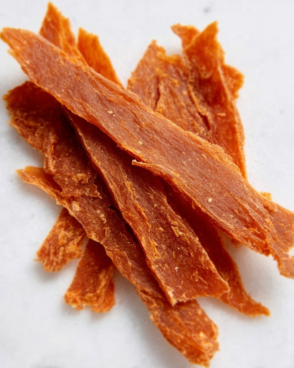 The image shows several pieces of thin, orange-brown dried meat arranged loosely on a white marbled surface. The meat strips have a slightly rough texture with some uneven edges and small cracks showing their dryness. They overlap each other in a casual, scattered way with the top piece lying almost sideways, creating a few layers visible from above. The lighting highlights the natural shine on the meat surface, giving it a slightly glossy look. Photo taken with an iphone --ar 4:5 --v 7