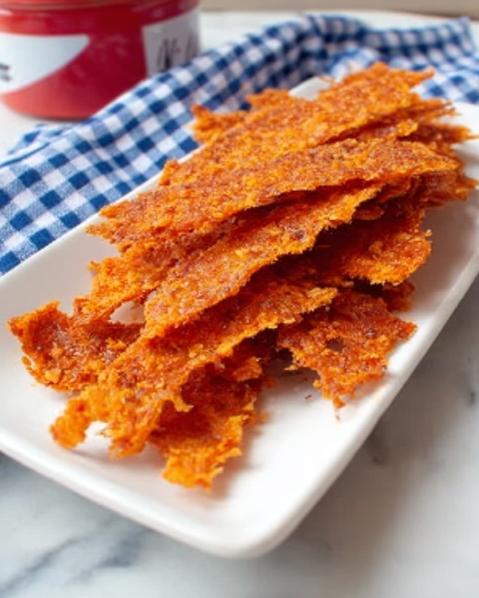 The image shows several thin, crispy orange-brown pieces of fried food stacked unevenly on a long white rectangular plate. The pieces have rough, crunchy textures with some jagged edges, and they are spread out to cover most of the plate. The plate is placed on a white marbled surface, with a blue and white checkered cloth and a container with red and white colors in the background. The photo taken with an iphone --ar 4:5 --v 7