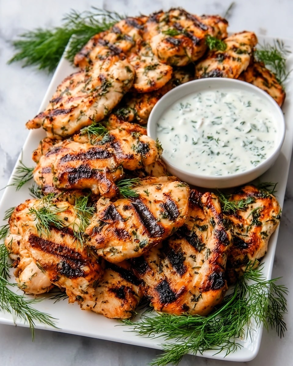 The image shows a rectangular white plate filled with many grilled chicken pieces that are golden brown with dark grill marks. The chicken is arranged in layers piled over each other, creating a sense of fullness on the plate. On the top right side of the plate, there is a small white bowl filled with a creamy white sauce sprinkled with green herbs. Fresh green dill sprigs are placed around the chicken, adding touches of color and freshness. The plate is set on a white marbled surface. photo taken with an iphone --ar 4:5 --v 7