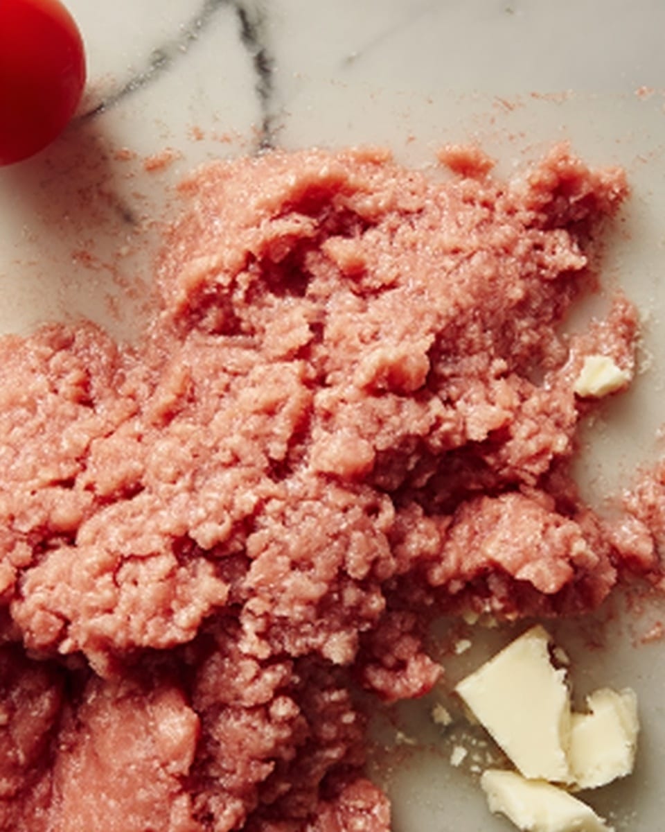 The image shows a close-up of raw ground meat with a pinkish color spread thinly on a white marbled surface, with small chunks of white cheese or butter placed on the lower right side of the meat. A woman's hand is partly visible in the top left corner holding a small red object that looks like a cherry tomato or a small piece of vegetable. The texture of the meat is uneven with some rough parts and tiny holes. photo taken with an iphone --ar 4:5 --v 7