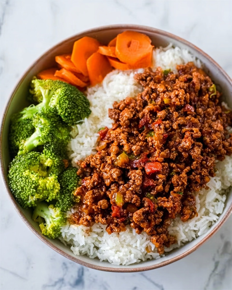 This image shows a white bowl filled with three layers. The bottom layer is fluffy white rice with a soft texture. On the right side and spreading over the rice is a thick layer of cooked minced meat with a brownish-red color and small bits of vegetables mixed in. On the left side of the bowl, there are bright green broccoli florets and orange carrot slices, both steamed and showing a slightly shiny, tender texture. The bowl sits on a white marbled surface. photo taken with an iphone --ar 4:5 --v 7