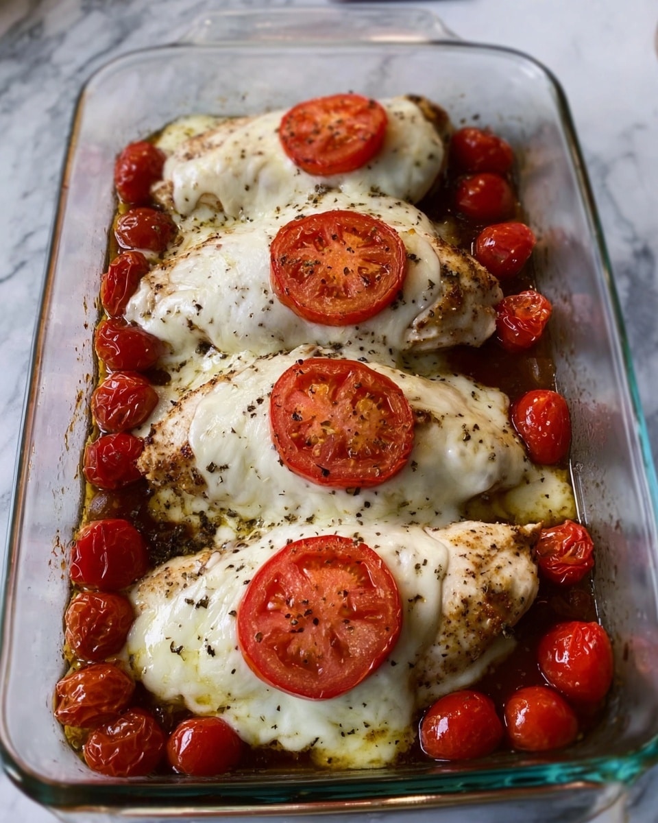 A clear glass baking dish filled with four cooked chicken pieces arranged in a row, each topped with melted white cheese covering the chicken fully, and a thick round slice of red tomato placed neatly on top of each cheese layer. Surrounding the chicken are small round roasted cherry tomatoes with a shiny, slightly wrinkled texture. The cheese has an even melted texture with some black pepper sprinkled on top. The baking dish is placed on a white marbled surface. Photo taken with an iphone --ar 4:5 --v 7