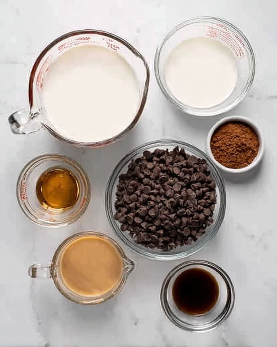 The image shows six clear glass bowls and measuring cups arranged on a white marbled surface. There is a large measuring cup filled with white milk on the top left, a smaller measuring cup of white milk on the top right, and a small clear bowl with brown cocoa powder near the top right corner. In the center, there is a clear bowl full of dark chocolate chips. Below them, on the left, there is a medium-sized measuring cup with a light caramel colored liquid, and beside it on the right, a small bowl with a dark brown liquid, likely vanilla extract. photo taken with an iphone --ar 4:5 --v 7