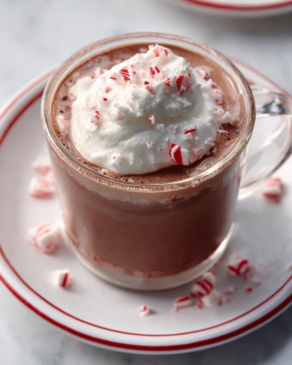 The image shows a small clear glass cup filled with rich hot chocolate topped with a thick swirl of white whipped cream. On top of the whipped cream are small red and white peppermint candy pieces sprinkled unevenly. The glass cup sits on a white plate that has thin red lines around its edge, all placed on a white marbled surface. Scattered small pieces of peppermint candies lie loosely on the surface near the plate. The photo is taken from a slightly top angle, focusing on the creamy and colorful details of the drink. photo taken with an iphone --ar 4:5 --v 7