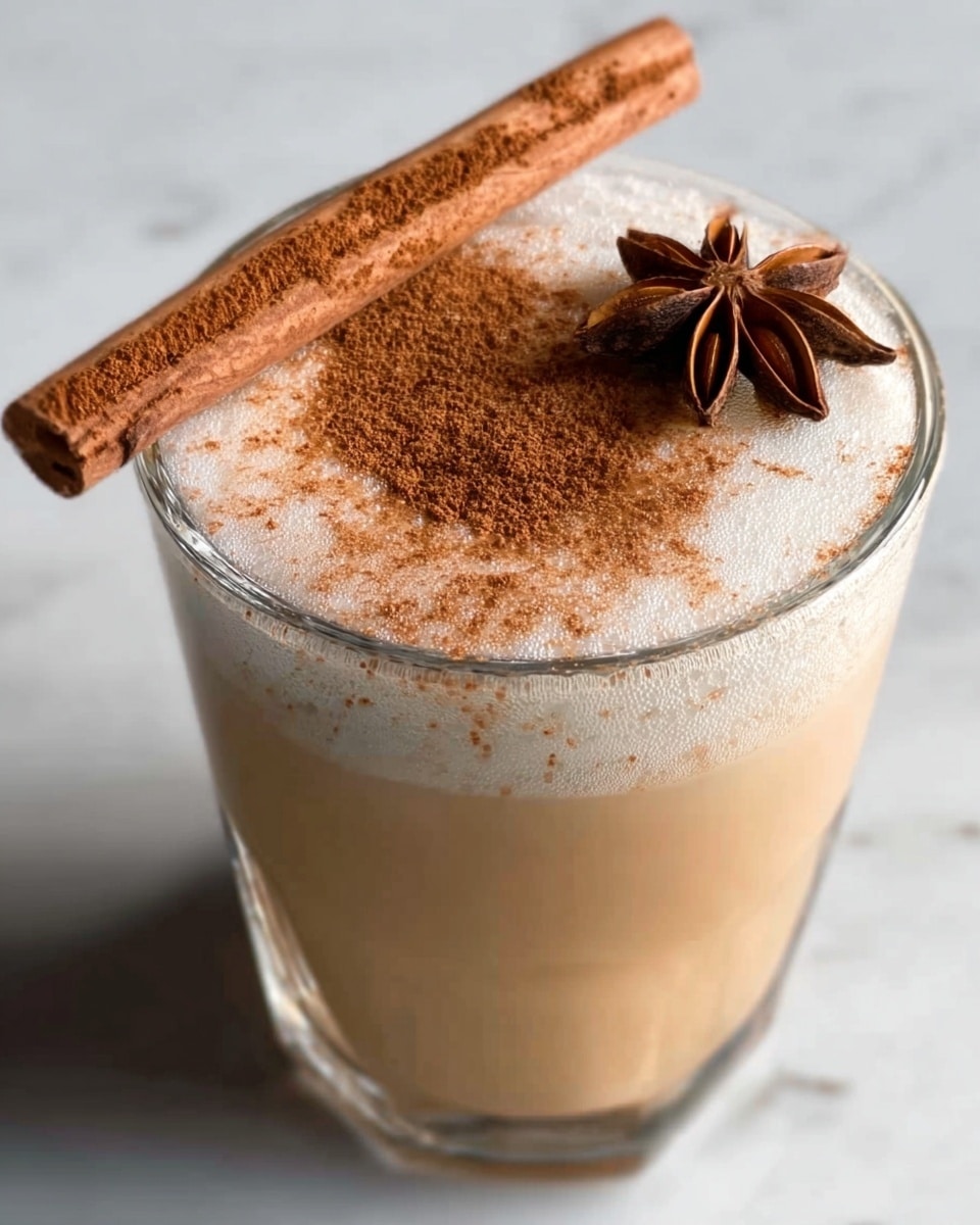 The image shows a clear glass filled with a creamy beige drink topped with a frothy white layer. On top of the froth, there is a round dusting of brown spice powder that covers most of the surface. A brown cinnamon stick rests diagonally over the top edge of the glass, and a star anise lies on the froth near the cinnamon stick. The glass is placed on a white marbled surface. photo taken with an iphone --ar 4:5 --v 7