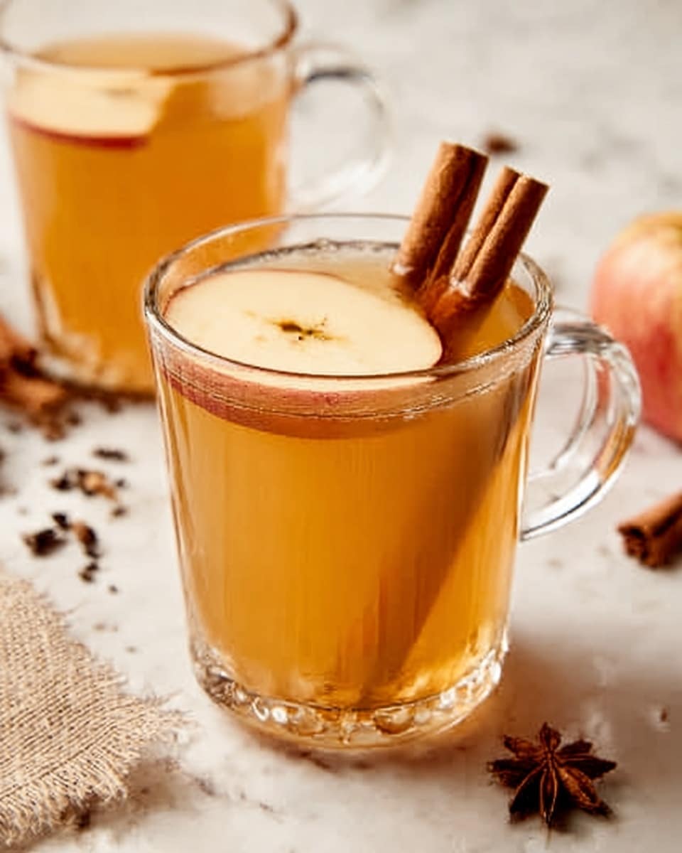 The image shows a clear glass mug filled with a warm golden-brown drink, topped with a thin slice of apple floating on the surface. Two cinnamon sticks rest inside the mug, leaning against the rim. The drink's color is smooth and clear, with a slightly shiny surface reflecting light. Another similar glass mug is partially visible in the background. The scene is set on a white marbled surface with small scattered whole spices and natural textured fabric nearby, giving a cozy and inviting feel. photo taken with an iphone --ar 4:5 --v 7