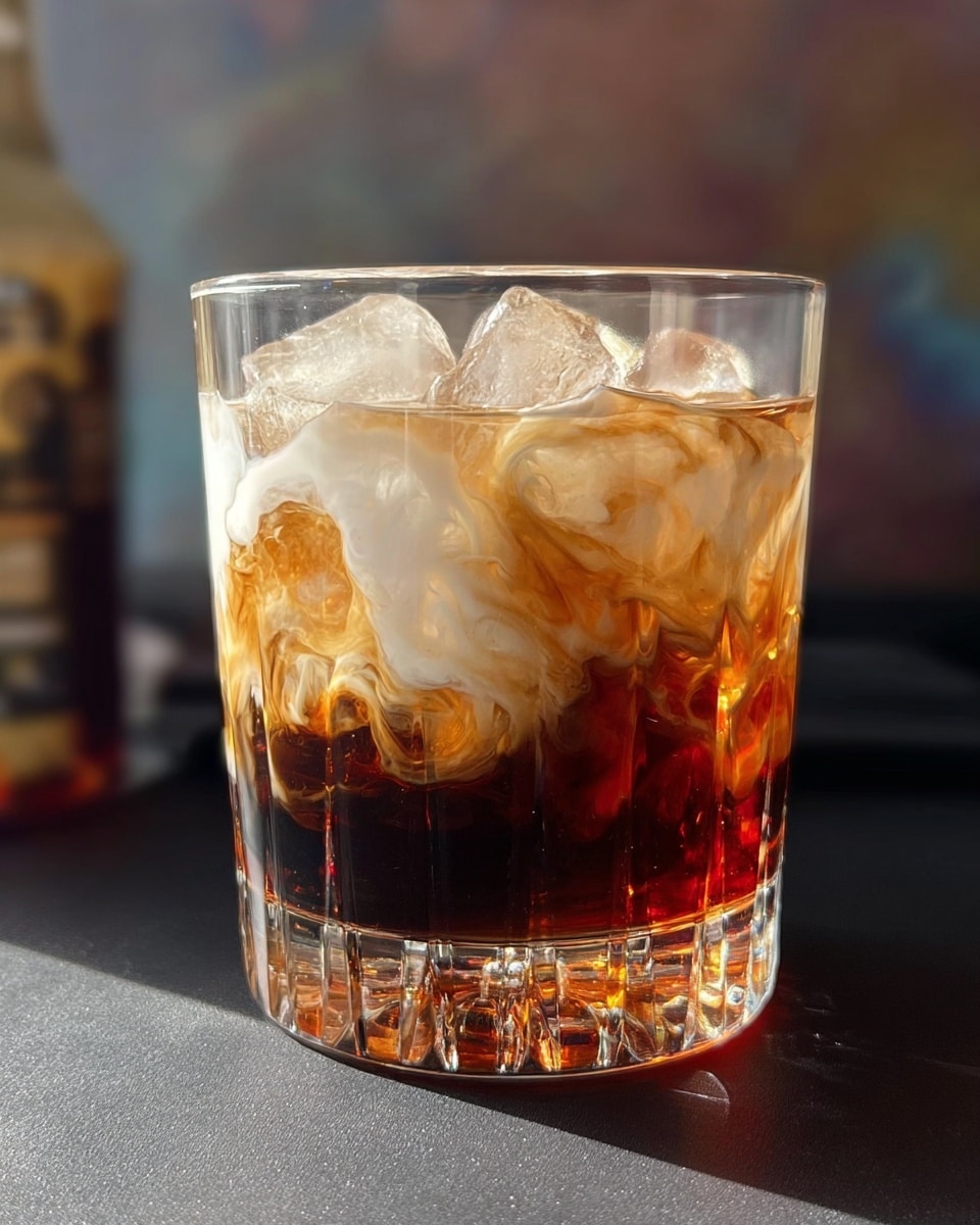A clear short glass filled with large ice cubes, showing a layered drink inside. At the bottom, dark brown liquid mixes with a creamy white layer swirling upward, blending softly with the light amber liquid above. The glass has vertical textured lines on its base and is placed on a smooth black surface with a blurred background. photo taken with an iphone --ar 4:5 --v 7