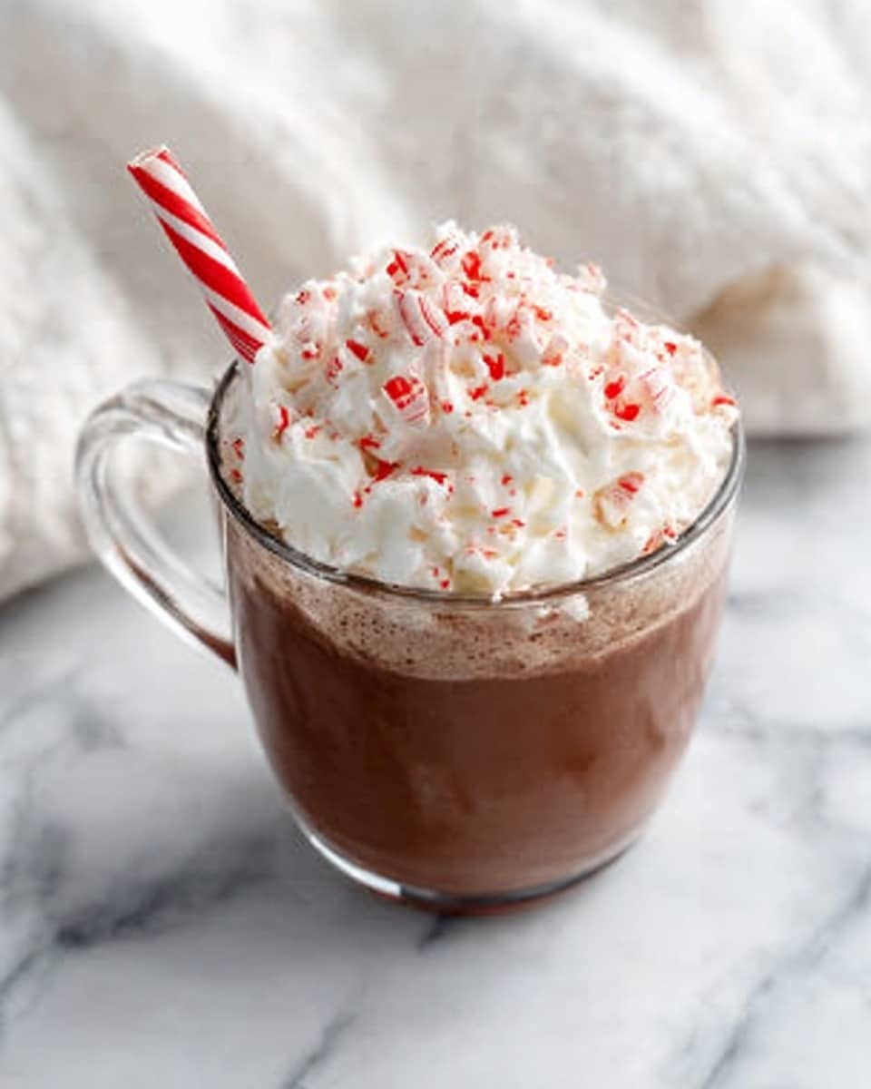The image shows a clear glass cup filled with brown hot chocolate. On top of the hot chocolate is a large layer of white whipped cream with small red and white peppermint pieces sprinkled over it. A red and white striped straw is placed inside the cup, leaning against the whipped cream. The cup sits on a surface with a white marbled texture. A white cloth is blurred in the background. photo taken with an iphone --ar 4:5 --v 7