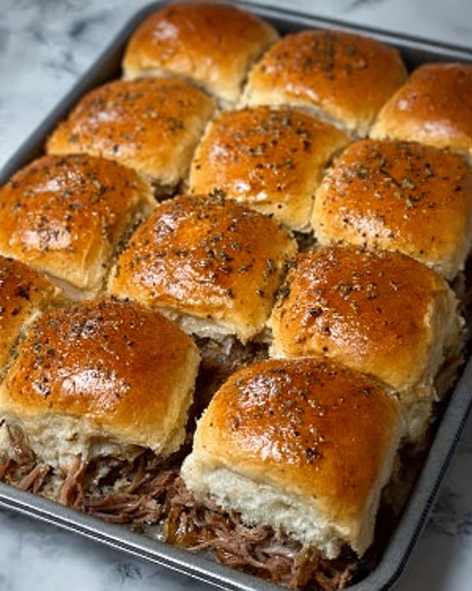 The image shows a tray of twelve soft sandwich buns, golden brown and shiny on top, sprinkled with black pepper and herbs. The buns are closely packed with visible layers of pulled meat inside, showing a mix of dark and light brown colors. The meat looks moist and tender, slightly peeking out from the sides where the buns meet. The whole tray sits on a white marbled surface. photo taken with an iphone --ar 4:5 --v 7