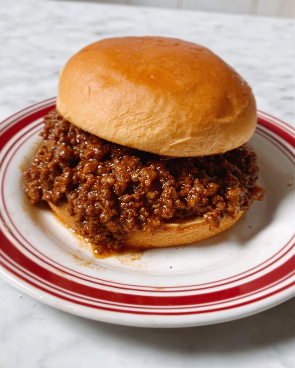A white plate with red stripes holds a sloppy joe sandwich with two layers: a soft golden brown bun on top and bottom, and a thick, messy layer of cooked ground beef covered in a dark brown sauce spilling out at the sides. The plate sits on a white marbled surface. photo taken with an iphone --ar 4:5 --v 7